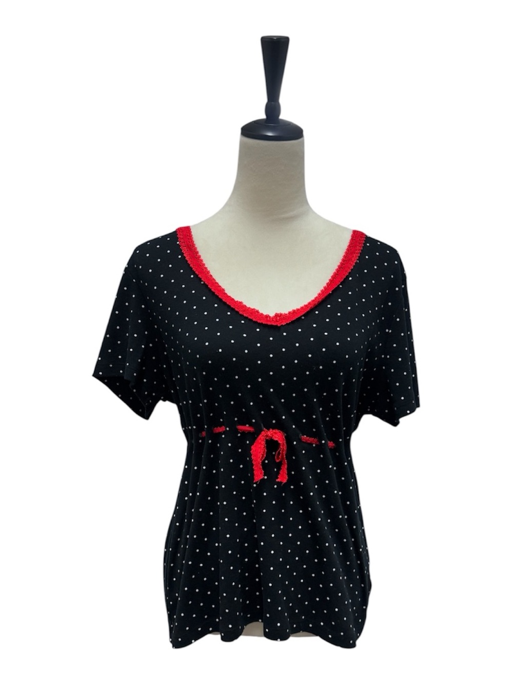 Black Top with White Polka Dots and red detailing